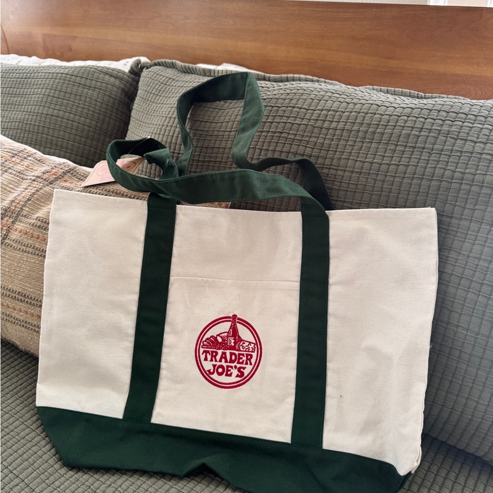 Trader Joe's Green and Cream Tote Bag